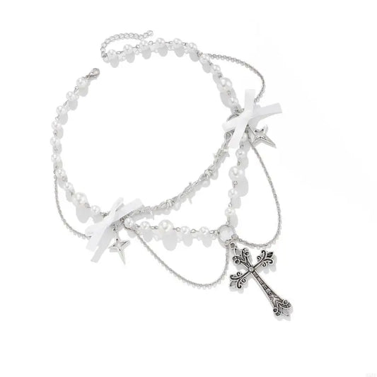 Punk Crosses Pendant Necklace Adjustable Punk Crosses Bowknot Necklace with Pearls for Trendsetters
