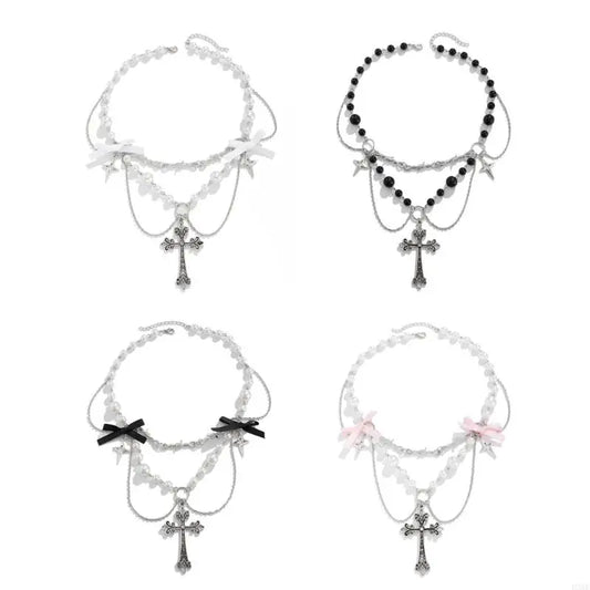 Punk Crosses Pendant Necklace Adjustable Punk Crosses Bowknot Necklace with Pearls for Trendsetters